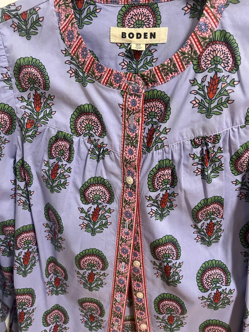 Boden Lavender Floral Button-Front Blouse with Green & Pink Accents - Picture 3 of 7